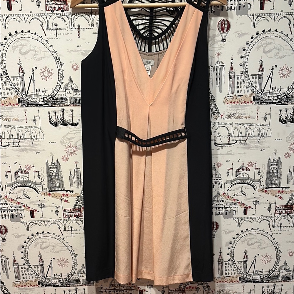 Hoss Peach, Moss Green and Black Silk Dress - wedding guest dress